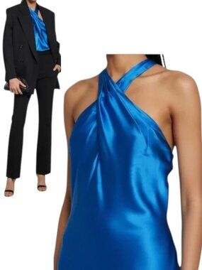 Veronica Beard Silk Halter Top Royal Blue Crossover Neck XS